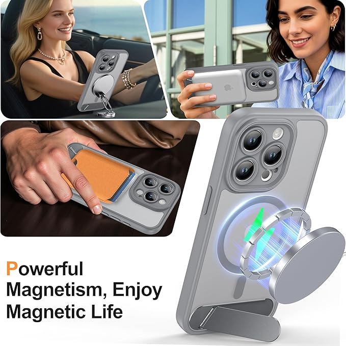 Magnetic Compatible with iPhone 15 Pro Case, [Built-in Kickstand][Full Camera Protection][Compatible with MagSafe][Anti-Fingerprint] Shockproof Phone Case for iPhone 15 Pro 6.1",Grey