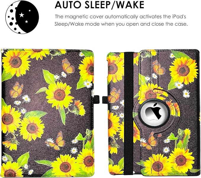 360 Rotating Stand Smart Case for iPad Air (3rd Gen) 10.5" & iPad Pro 10.5" - Auto Wake/Sleep Feature, Sunflower