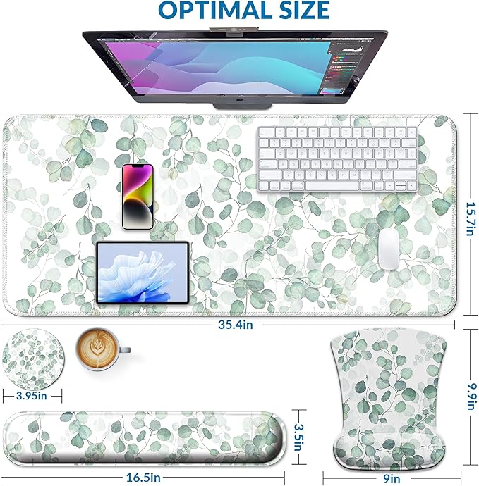 Desk Mat Set + Keyboard and Mouse Pad with Wrist Rest Support,4-in-1 Large Mousepad Computer Mats for Desktop Home & Office -Eucalyptus