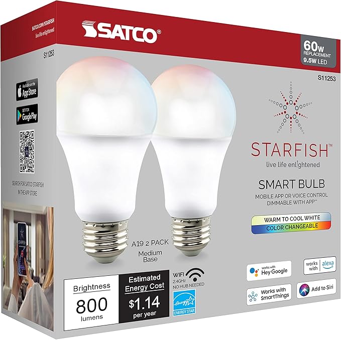 Satco S11253 Starfish 9.5-Watt A19 WiFi Smart LED Color-Changing Light Bulb, Works with Siri, Alexa, Google Assistant, SmartThings, 2700K-5000K, 800 Lumens, 2-Pack