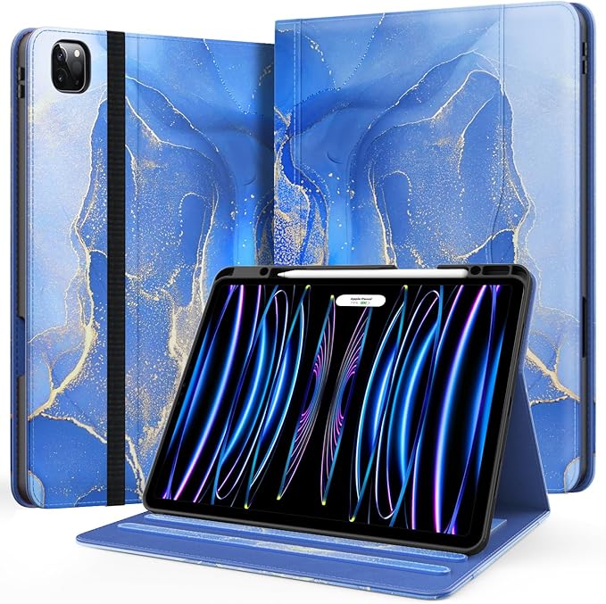 Zonefoker Case for New iPad Pro 12.9 inch 6th/5th/4th/3rd Generation 2022/2021/2020/2018, 12.9'' ipad Pro Leather Protective Cover 6/5/4/3 Gen with Pencil Holder, Auto Wake/Sleep, Marble Gary Blue