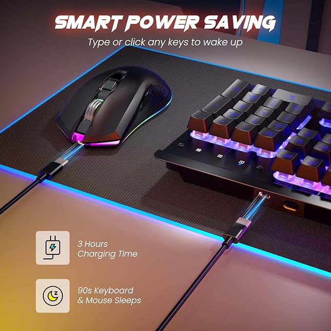 RisoPhy Wireless Gaming Keyboard and Mouse Combo, Metal Panel, 7 Color Backlits, Rechargeable 3200 mAh Battery, Wrist Rest, Sleep Mode, Light Up Keyboard + 7D 3200DPI Gaming Mice for PC Gamer