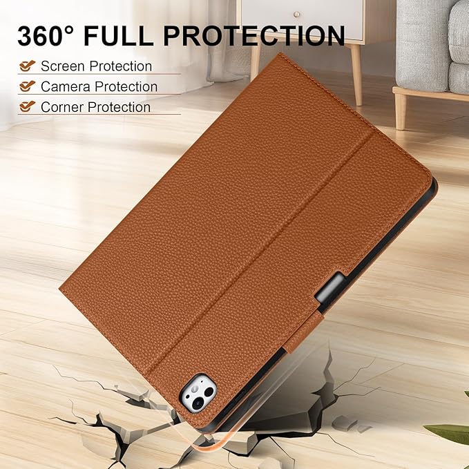 Genuine Leather Case for iPad Pro 11 inch Case (M5) 2025 / (M4) 2024 | with Pencil Holder and Adjustable Stand, Magnetic Closure, Auto Wake/Sleep Cover | Brown