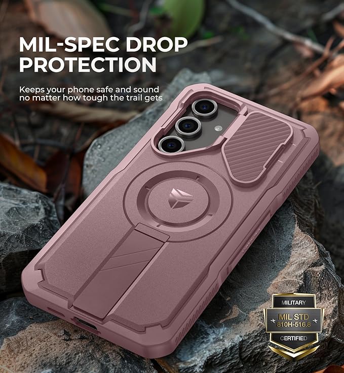 Dexnor for Samsung Galaxy S24 FE Case with Camera Cover & Adjustable Kickstand & Built-in Screen Protector, Magnetic Rugged Shockproof Bumper Cases Heavy-Duty Magnetic Protective Cover,Peony Pink
