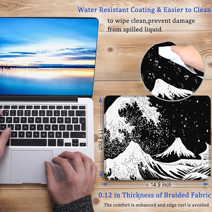Large Gaming Mouse Pad with Double Stitched Edges, 14.9 x 11.7 inches Premium-Textured & Waterproof Mousepad, Nonslip Natural Rubber Base Mouse pad for Laptop,Computer, Office, Wave White