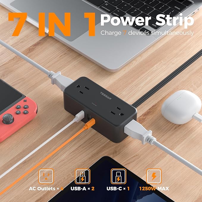 TESSAN Flat Plug Extension Cord 10 FT, Surge Protector Power Strip with 4 AC Outlets 1 USB C and 2 USB A Ports, 900 Joules Protection, Multiple Wall Outlet Extender Suitable for Office Dorm, Black