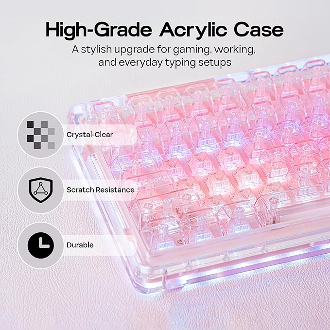 KiiBoom Phantom 98 Crystal Mechanical Gaming Keyboard, Transparent Keyboard with RGB Backlits, Hot-Swappable, Shine Through Clear Keycaps, 3 Modes Wireless, 8000mAh Battery, NKRO for Win/Mac (Pink)