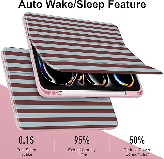 TWOLSKOO Case for iPad Pro 11-inch (M5 2025 / M4 2024), Clear Acrylic Back with TPU Bumper, Pencil Holder, Trifold Stand, Auto Sleep/Wake, Burgundy Stripes