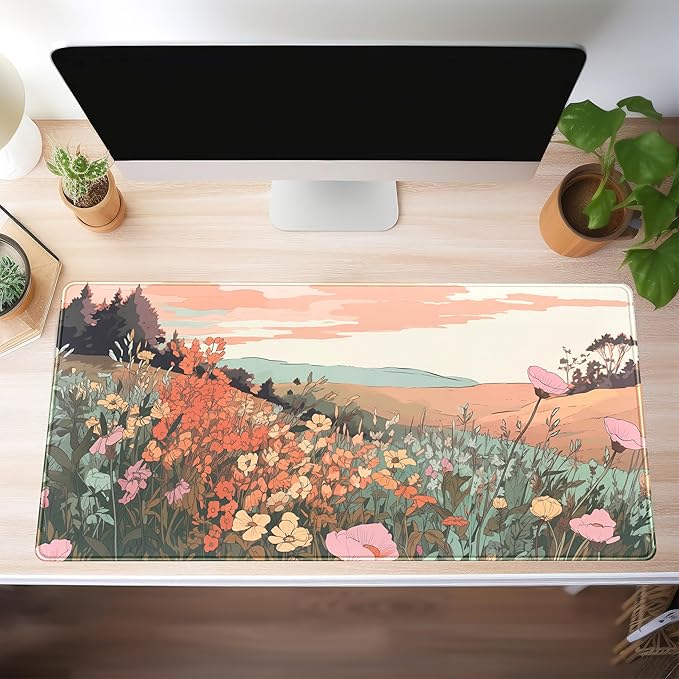 Desk Mouse Pad Large Desk Mat Botanical Flowers Mouse Mat Gaming, Extended Floral Keyboard Pad XXL, Long Desktop Laptop Mat Aesthetic Watercolor Wildflower Office Decor for Women 31.5x15.7 Inch