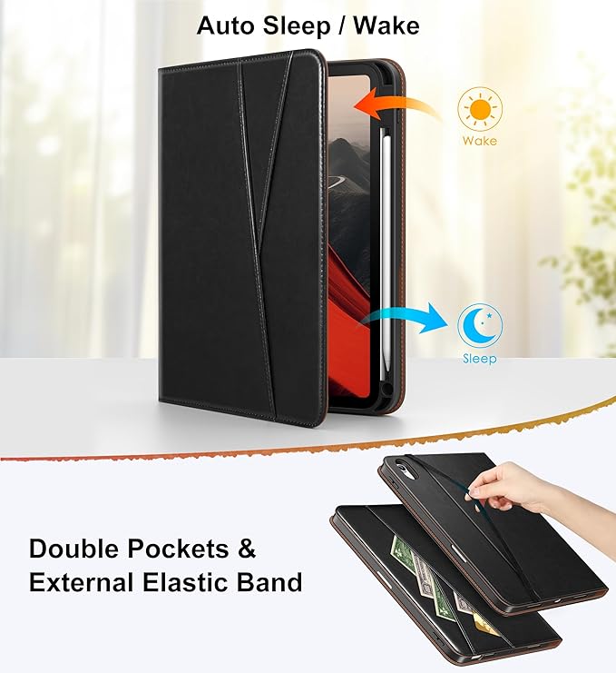 DTTO for iPad Air 11 inch Case M4 / M3 / M2 (2026/2025/2024), iPad Air 5th / 4th Gen (2022/2020), 360 Degree Rotating Premium Leather Folio Stand Cover with Pencil Holder, New Black