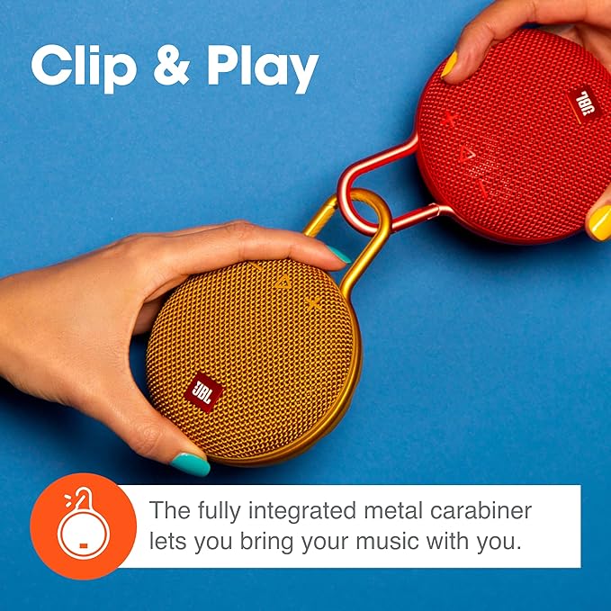 JBL Clip 3, Mustard Yellow - Waterproof, Durable & Portable Bluetooth Speaker - Up to 10 Hours of Play - Includes Noise-Cancelling Speakerphone & Wireless Streaming
