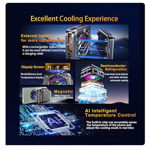 Magnetic Phone Cooler with Battery,Rechargeable Wireless Cooling Fan for iPhone/iPad,Phone Cooling Case Radiator Heatsink with RGB LED for iPhone MagSafe Series/Samsung/Android