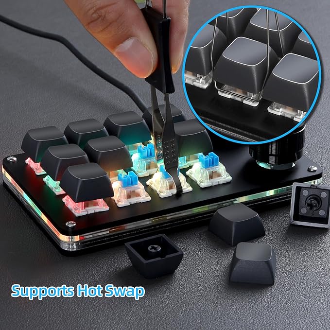 Koolertron Macro Programmable Keypad, One Handed Programmable Mechanical Keyboard, RGB Blue Switch Hot Swappable, 12 Keys 2 Knob Backlit Keypad for Working and Gaming, Black