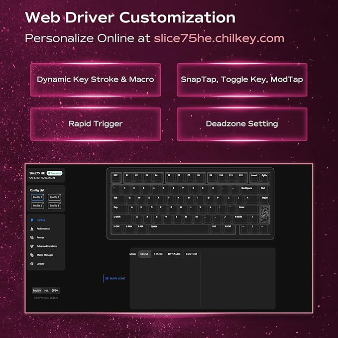 Mechanical Keyboard, Chilkey Slice75 HE Gaming Keyboard Wired, 75% Hall Effect Magnetic Aluminum Keyboard with WS Flux HE Clacky Switch, Rapid Trigger, 8K Polling, Per-Key RGB Custom, PC/Mac Support