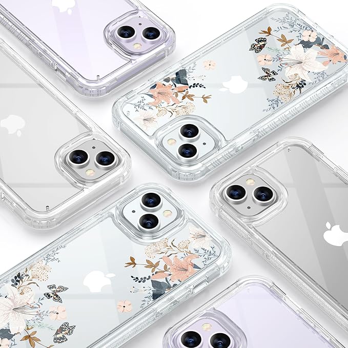 Diaclara Designed for iPhone 15 Plus Clear Flower Butterfly Phone Case 6.7’’, Full Body Rugged Cover w/Built-in Screen Protector+ GlassCamera Lens Protector(Butterfly)