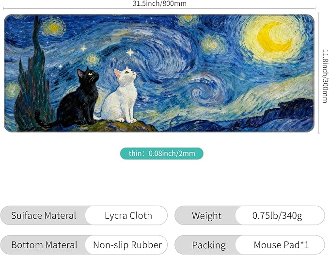 Thin Extended Gaming Mouse Pad （31.5 * 11.8 * 0.08 inch） with Stitched Edges Large Mousepad Long XXL Keyboard and Mouse pad Desk Mat for Gaming Office & Home - Starry Night Cat