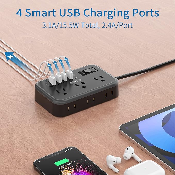 2 Pack Power Strip with 6 Outlets(2 Side) and 4 USB, NTONPOWER Flat Plug Extension Cord 5 Ft, Overload Protection, Wall Mount, Compact Size Charging Station for Office Desk, Nightstand and Travel