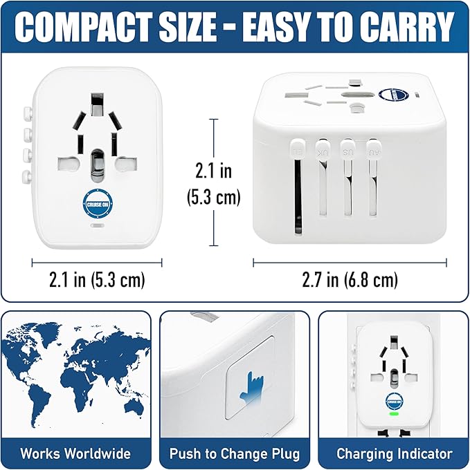 Cruise On Universal Travel Adapter, Cruise Approved (incl Royal Caribbean, Disney, MSC) - International Power Adapter [2 USB-C, 2 USB, AC] World Travel Plug Adapter Converter USA, Italy, Europe, Asia