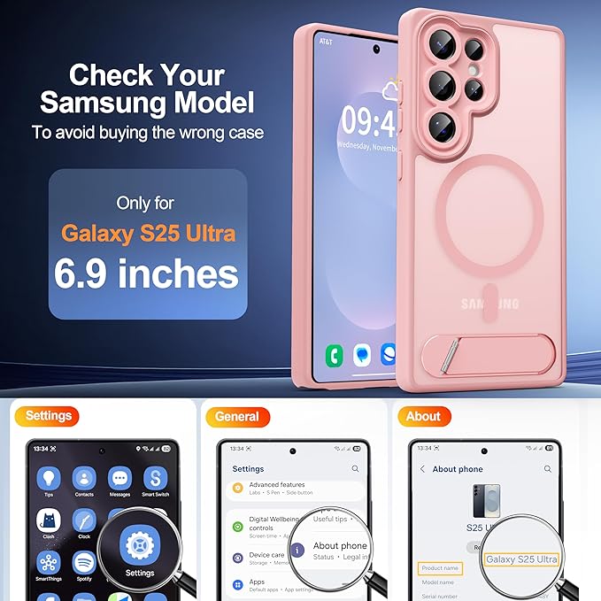 Magnetic for Samsung Galaxy S25 Ultra Case, [Compatible with MagSafe][Full Camera Protection][Built-in Invisible Kickstand] Translucent Matte Phone Case for S25 Ultra 6.9" - Pink