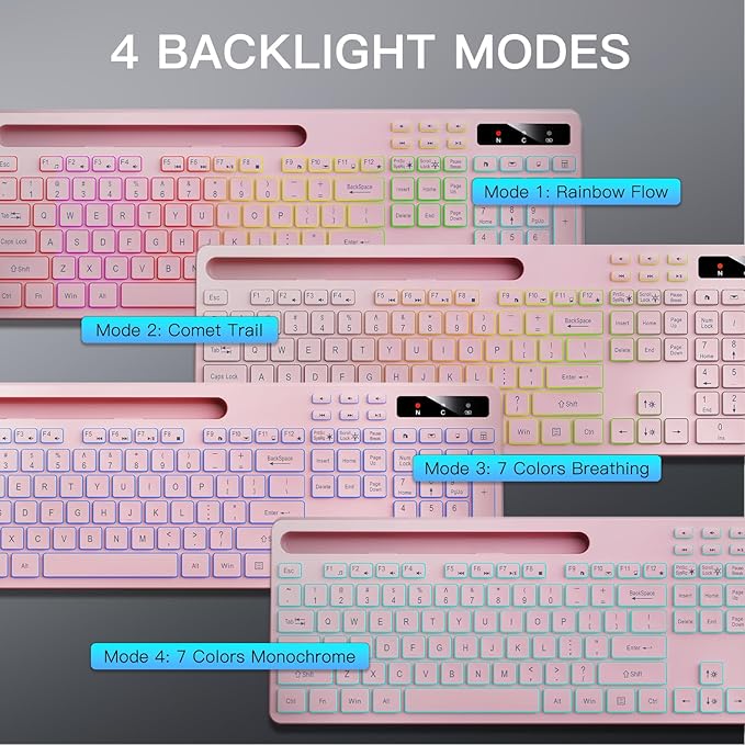 Soueto Wireless Keyboard with 7-Color RGB Backlit, Full-Size Computer Keyboard with Phone Tablet Holder, 2.4G Rechargeable Gaming Keyboard with Light Up Keys, Compatible with Mac, Windows (Pink)