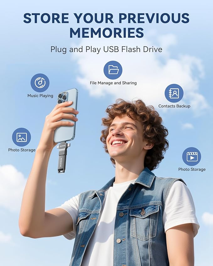 MFi Certified Photo Stick 256GB USB Flash Drive for iPhone, 4 in 1 External Memory Thumb Drive for Picture Video Backup, High Speed Memory Stick Pen Drive for iPhone/iPad/Android/PC (Gun Black)