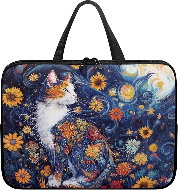 Starry Night Laptop Sleeve 12 Inch Laptop Protective Case Cute Cat Floral Computer Sleeve Neoprene Protective for 10-17 Inch Computer, Notebook, Chromebook, Tablet Bag