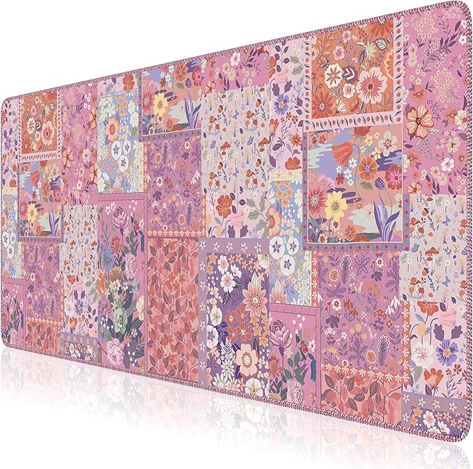 HAOCOO Rose Desk Cover Mat, Cute Floral Keyboard Mat with Stitched Edges, Pink Non-Slip Table Mat Desk Protector for Home Decor, 35.4“ x 15.7" Waterproof Mouse Pad for Office