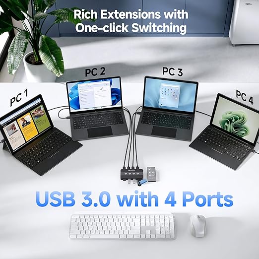 Cable Matters 4 Port USB 3.0 Switch USB Sharing Switch for 4 Computers and USBA Peripherals - Button or Wireless Remote Control Switching - Includes a USBC Adapter for USBC USB4 and Thunderbolt 4
