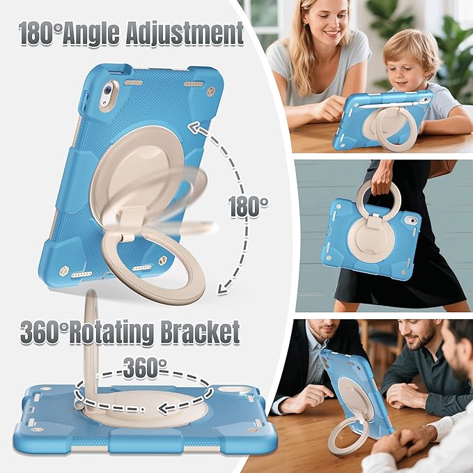 Andnary Case for iPad (A16) 11th /10th Generation 11/10.9 Inch 2025/2022 with Screen Protector/360° Rotate Stand/Shoulder Strap/Pencil Holder, Shockproof iPad 11th/10th Gen Cover (Blue+White)