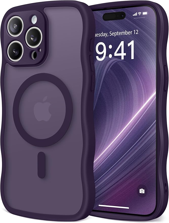 CAPRARO Cute for iPhone 15 Pro Max Case, Compatible with MagSafe, [Curly Wave Edge] [Full Camera Protection] [14 FT Drop Protection] Magnetic Phone Case for 15 Pro Max 6.7 Inch, Deep Purple