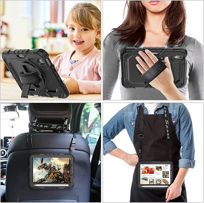 SEYMAC stock Case for iPad mini 7 (A17 Pro) 2024/ Mini 6 8.3'' with Screen Protector Pencil Holder [360 Rotating Hand Strap] &Stand, Drop-Proof Case for iPad mini 7th/6th Generation 8.3", Black