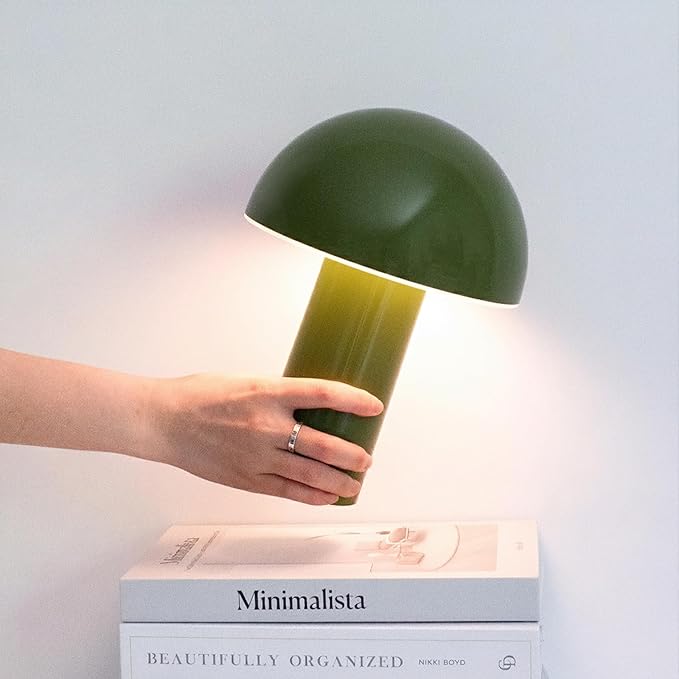 Brightech Celia Table Lamp – 10" Touch-Controlled Mushroom Desk Lamp, Cordless & Dimmable LED, Portable Bedside Night Light, Sustainable Mood Light, Recycled Modern Patio Lamp for Home Décor – Green