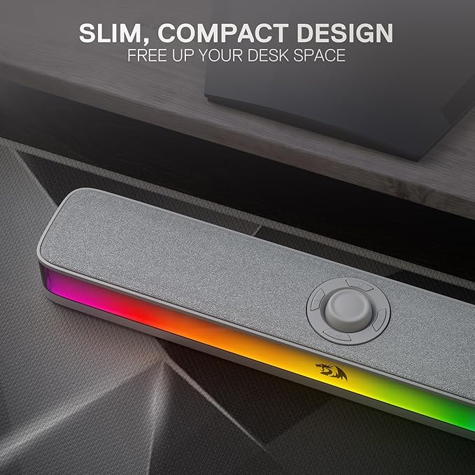 Redragon GS515 RGB Desktop Soundbar, 2.0 Channel Stereo Computer Speakers for Desktop with BT 5.3, USB-C/USB Powered, Gray