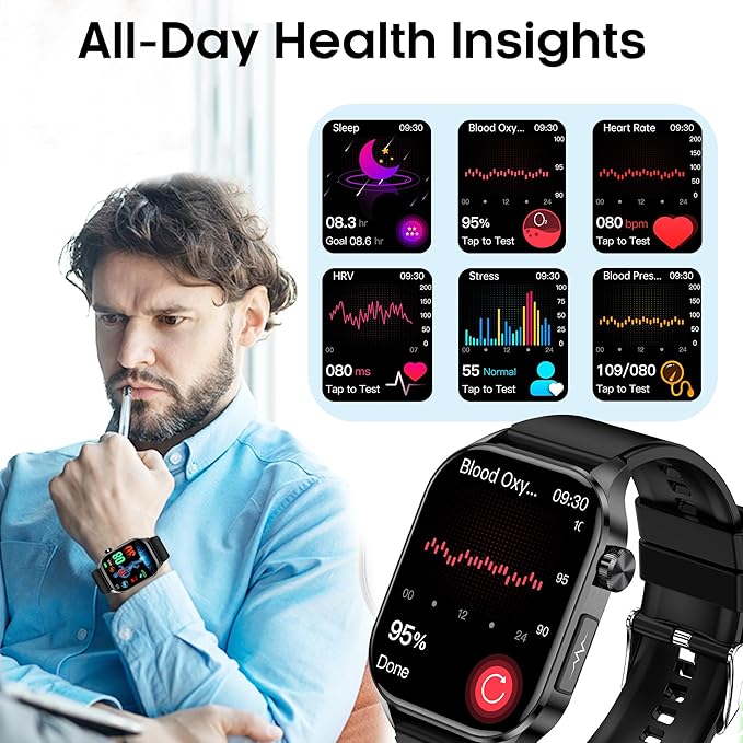 Advanced Health Smartwatch for Women Men with Real-Time Monitoring of Heart Rate, Blood Oxygen, Body Temperature, Blood Pressure, Sleep Auality and Stress Levels (Blue)