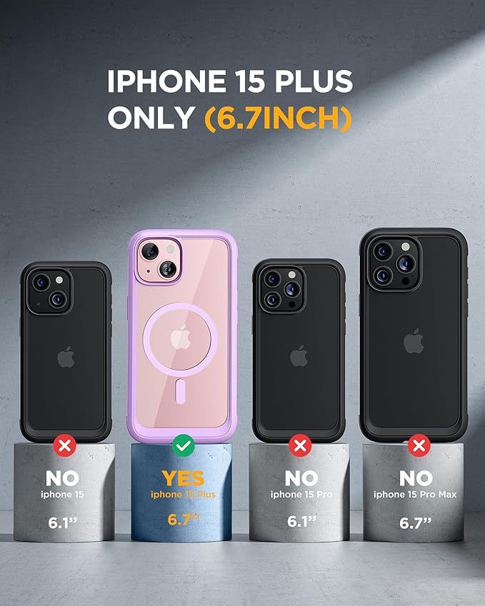 Miracase Magnetic for iPhone 15 Plus Case 6.7'' [Compatible with Magsafe] Full-Body Military Drop Proof 15 Plus Phone Case Cover with Built-in 9H Tempered Glass Screen Protector,Light Purple