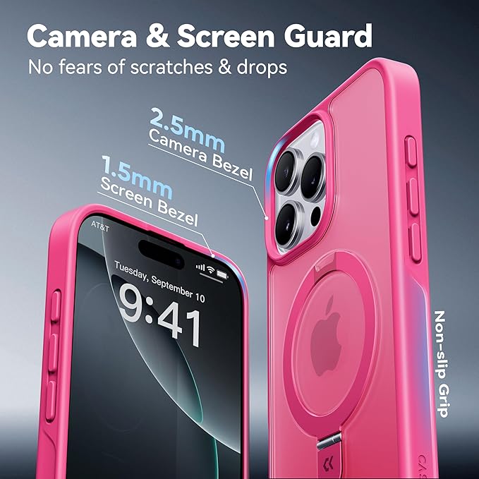 CASEKOO Ultra-Magnetic Stand for iPhone 16 Pro Case [Military Drop Protection] [Compatible with MagSafe] Shockproof Translucent Matte Slim Ring Holder Case for iPhone 16 Pro 6.3", Hot Pink