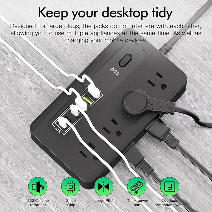 Power Strip with USB, HITRENDS 6 Ft Surge Protector Flat Plug Extension Cord with 8 Outlets 3 USB Ports & 3 Type-C Port (5V/3A), Outlet Extender for Home Office,Black