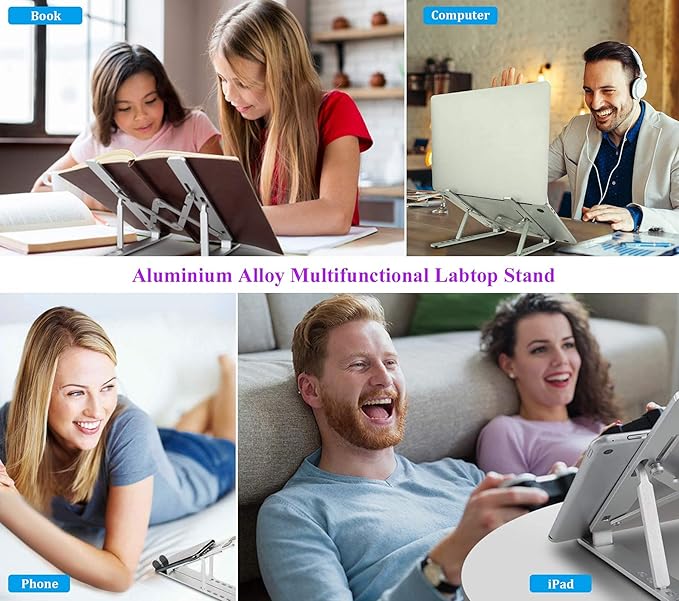 Laptop Stand, Laptop Riser Computer Stand for Desk, Adjustable Aluminum Foldable Portable Desktop Holder, Compatible with MacBook Air pro, iPad, Lenovo, 10-15.6” Laptop and Tablets (Silver)