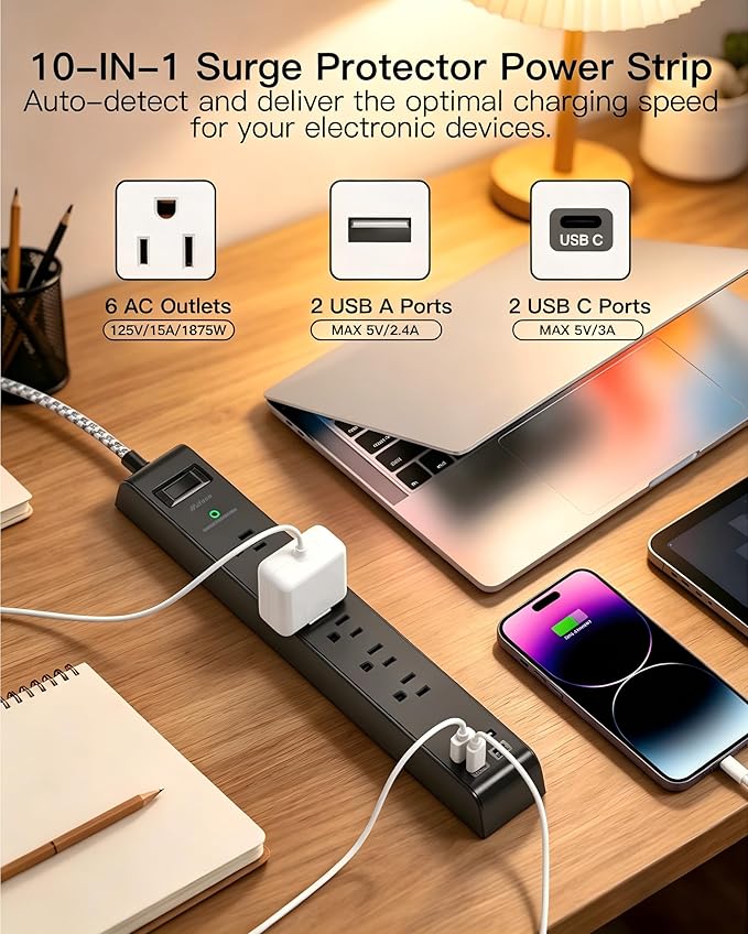 Surge Protector Power Strip 25FT, 10-in-1 with 6 AC Outlets 4 USB Ports(2 USB-C), Ultra Flat Plug Braided Extension Cord, Wall Mountable, 1080J Surge Protection, ETL Listed, Black