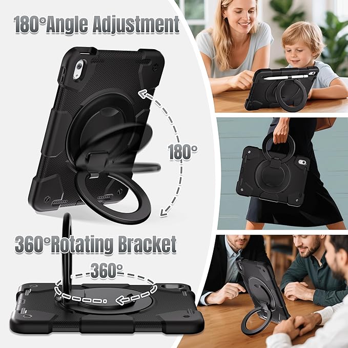 Andnary Case for iPad (A16) 11th /10th Generation 11/10.9 Inch 2025/2022 with Screen Protector/360° Rotate Stand/Shoulder Strap/Pencil Holder, Shockproof iPad 11th/10th Gen Cover (Black)