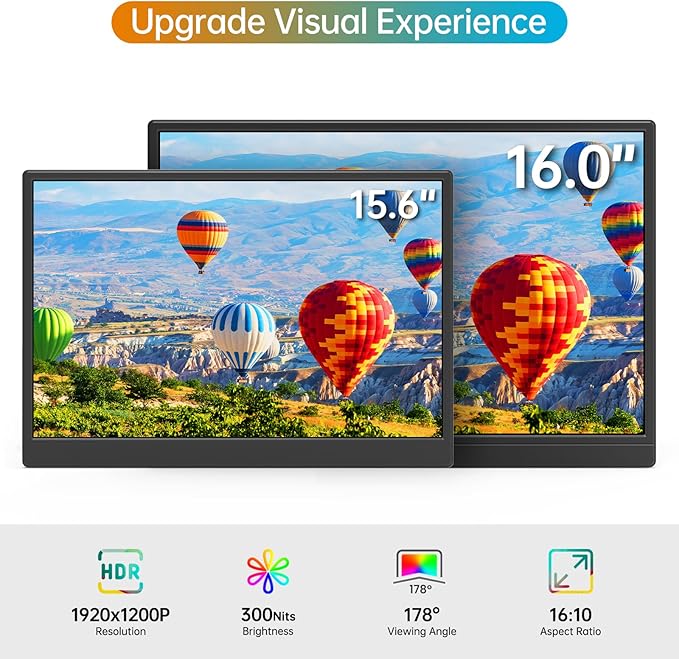 Portable Monitor 16.0inch FHD 1920 * 1200P USB C HDMI Ultra-Slim IPS Travel Display & Speakers, HDR Plug&Play, External Monitor for Laptop PC, Phone,Mac