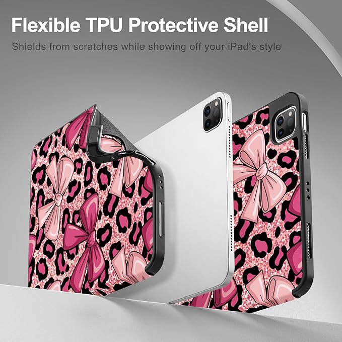 May Chen Case for iPad Pro 11 inch (4th, 3rd, 2nd & 1st Gen) 2022 2021 2020 2018,Trifold Stand with Auto Wake/Sleep Soft TPU Protective Stand Back Cover, Leopard Print Bow