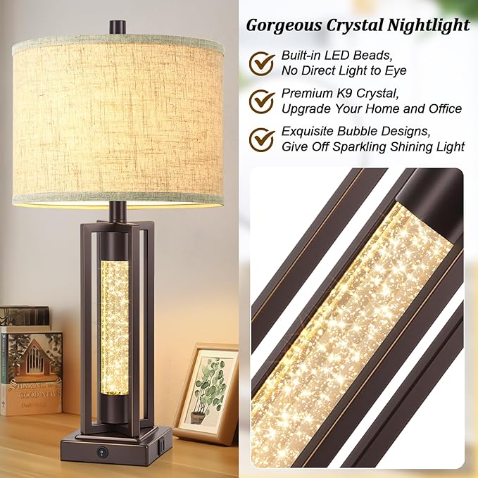TOBUSA 26’’ Vintage Table Lamps for Living Room Set of 2, Farmhouse Lamps for Bedroom with 2 USB Ports and Crystal Night Light, Rustic Bedside Lamps with Linen Shade for Night Stands End Table, Brown