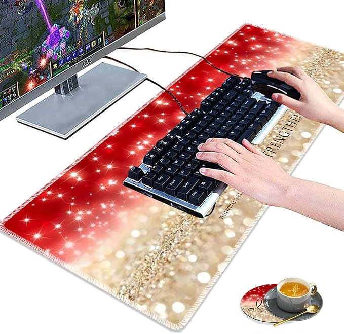 3 Piece Mouse Pad Set with Stitched Edge Large Anti-Slip Mouse Pad Desk Pad Keyboard Pad + Wrist Rest Pad + Coaster, Memory Foam Wrist Rest for Office/Home - Bible Verse Pink Philippians 4-13