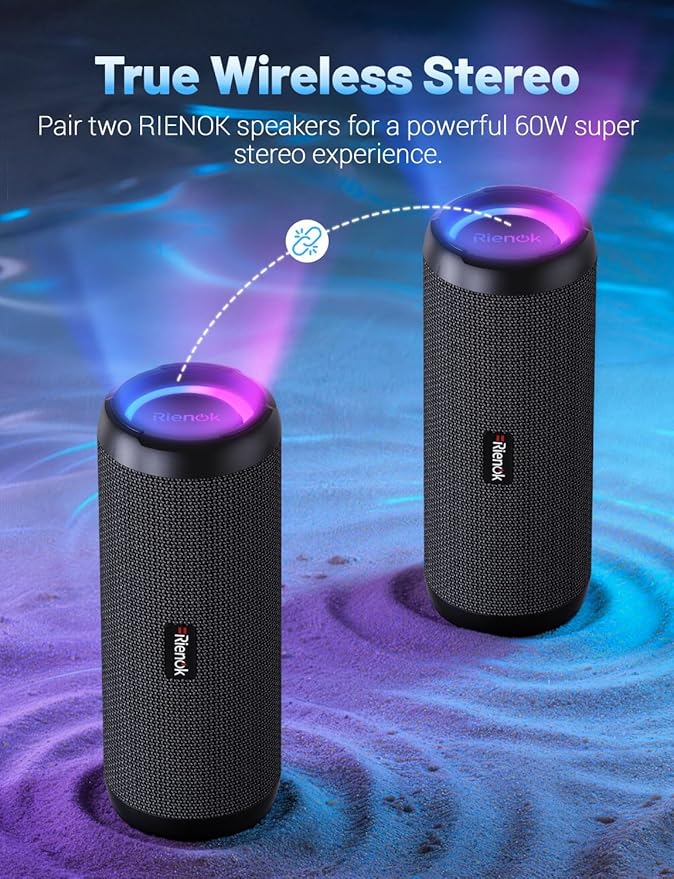 RIENOK Portable Bluetooth Speaker 30W Dual Pairing True Wireless Stereo HD Sound IPX7 Waterproof Outdoor Sport Shower Wireless Speaker Bluetooth 5.3 for Home Party