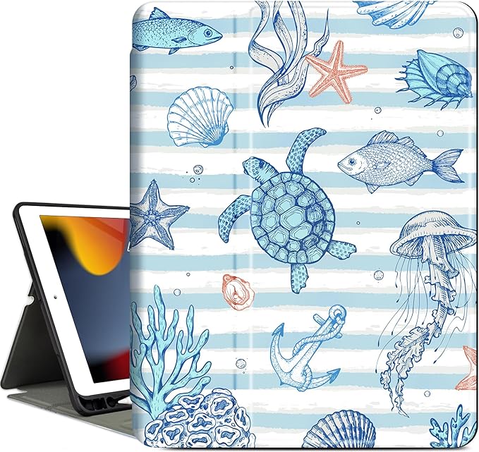 Vimorco Case for iPad 9th/8th/7th Generation 10.2 inch,for iPad Air 3rd 2019,for iPad Pro 10.5 inch 2017/2019,Protective Leather,Pencil Holder,Adjustable Stand Auto Wake/Sleep Smart Cover,Sea Animals