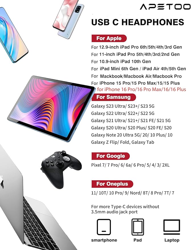 USB C Headphones for iPad Pro/iPhone 17 16 15 Pro Max Air HiFi Stereo USB-C Wired Earbuds Microphone Volume Control Type C Earphone for Samsung S26 S25 S24 S23 Ultra S22 S21 Note 20 Pixel 10 9 8 7 6 5