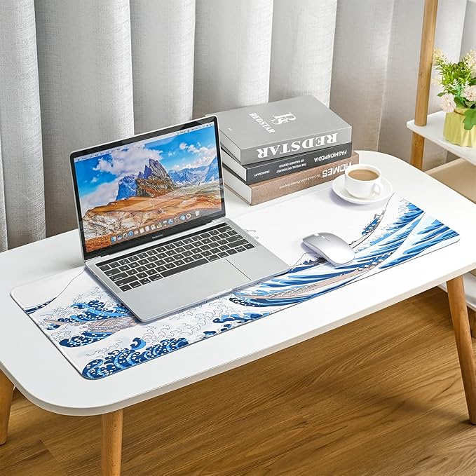 31.4"x11.8"Extended Large Gaming Mouse Pad,XL Large Non-Slip Rubber Base Mousepad with Stitched Edges,Waterproof Keyboard Mouse Mat Desk Pad,Japanese Sea Wave, White and Blue Tones