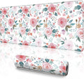 Pink Floral Mouse Pad (31.5 x 11.8 Inch), Large Watercolor Rose Desk Mat, Cute Botanical Pattern with Teal Leaves, Non-Slip Laptop Base, Spring Office Decor