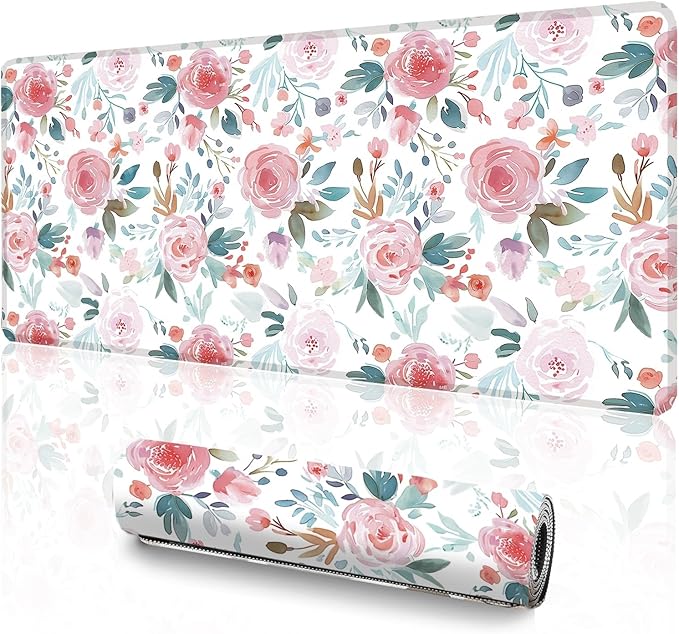 UJoowalk XL Extended Mousepad (35.3 x 15.7 Inch), Large Botanical Desk Mat, Pastel Pink Peony & Green Leaf Design, Waterproof Keyboard Surface, Aesthetic Work Accessories